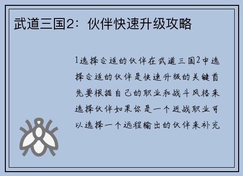 武道三国2：伙伴快速升级攻略